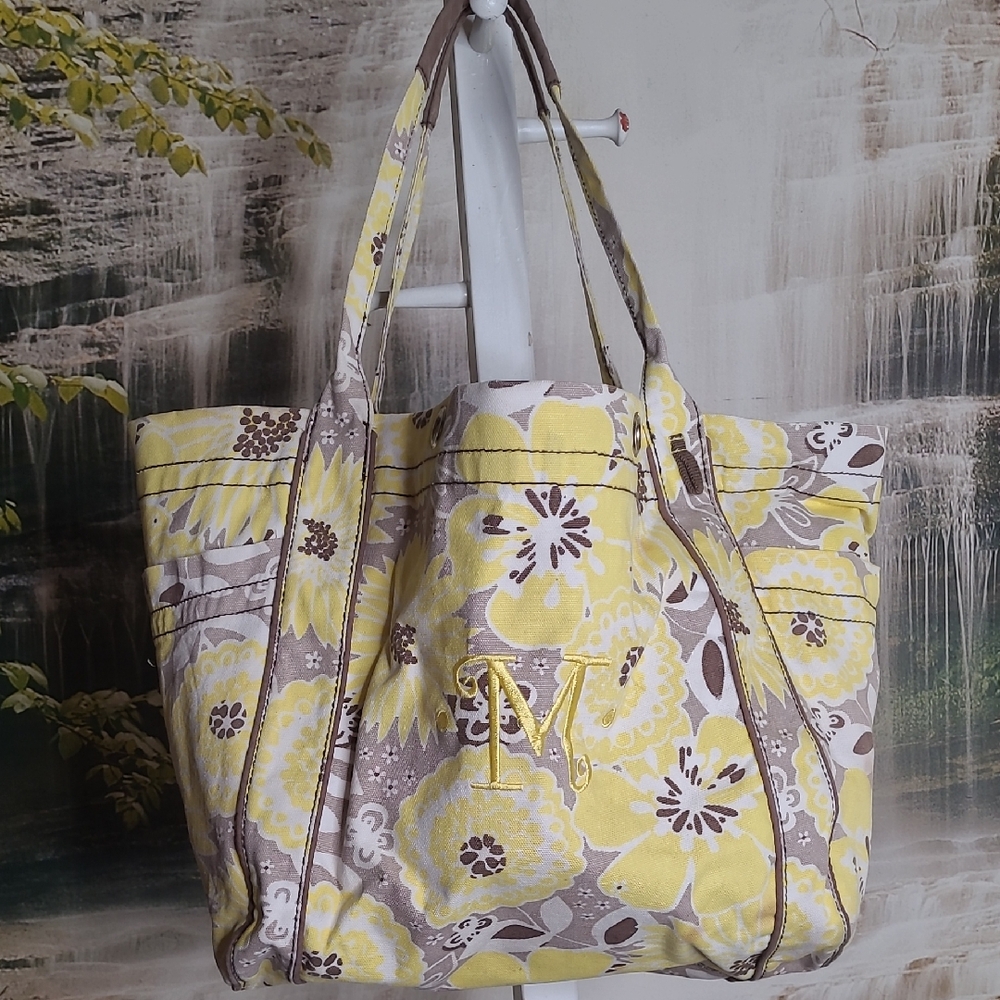 Thirty One Monogrammed Embroidery M yellow gray floral utility tote bag